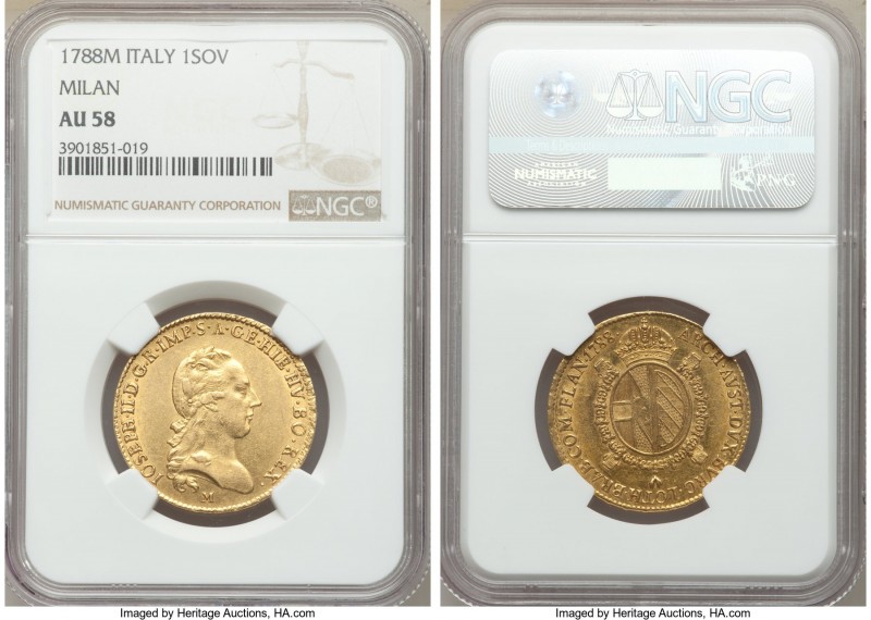 Milan. Joseph II gold Sovrano 1788-M AU58 NGC, Milan mint, KM226, Fr-739a. Brigh...