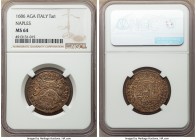 Naples & Sicily. Charles II of Spain Tari 1686 AG-A MS64 NGC, KM104. Andrea Giovane as mintmaster. HIS VICI - ET REGNO, crown above fasces, cornucopia...