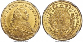 Naples & Sicily. Ferdinand IV gold 6 Ducati 1775 BP-CC-R MS64 NGC, KM176. An appealing and lustrous multiple ducat showing typical adjustment confined...