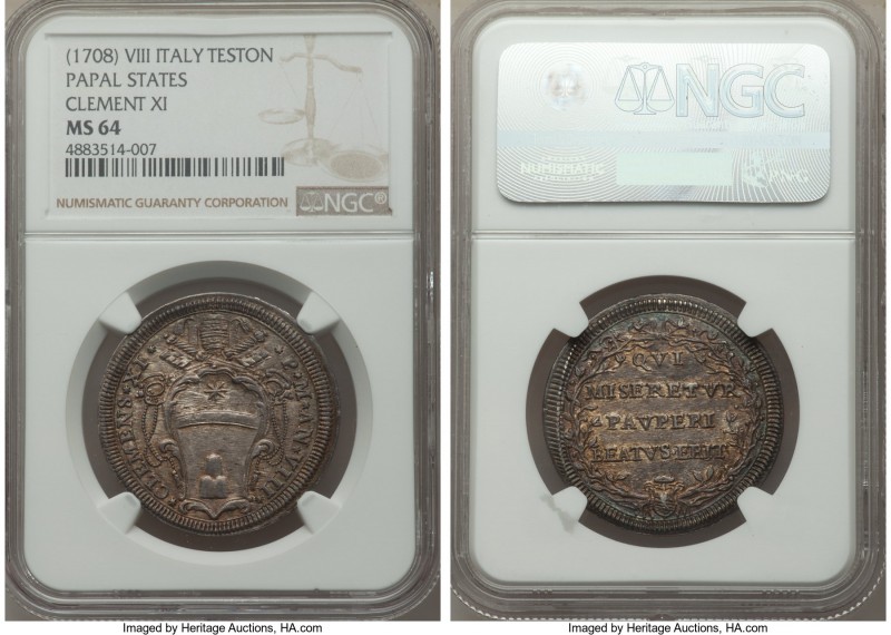 Papal States. Clement XI Testone Anno VIII (1708) MS64 NGC, Rome mint, KM708. A ...