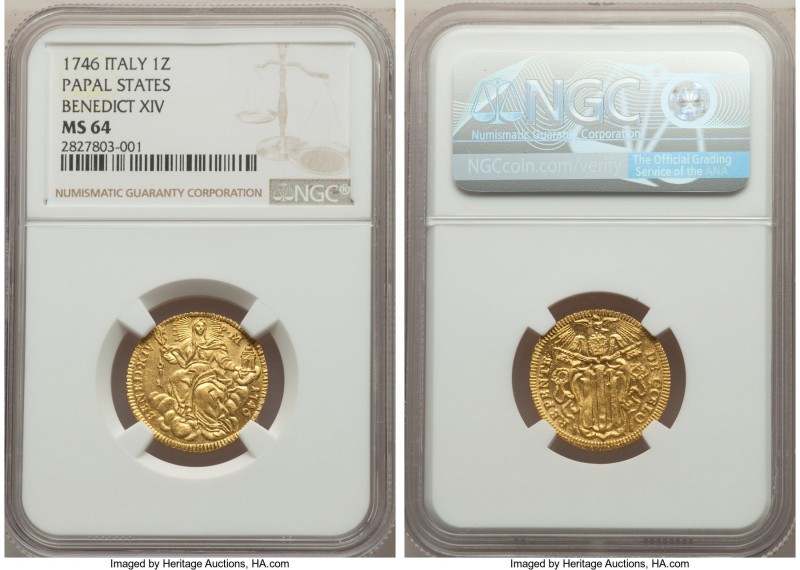 Papal States. Benedict XIV gold Zecchino 1746 MS64 NGC, Rome mint, KM943. Perhap...