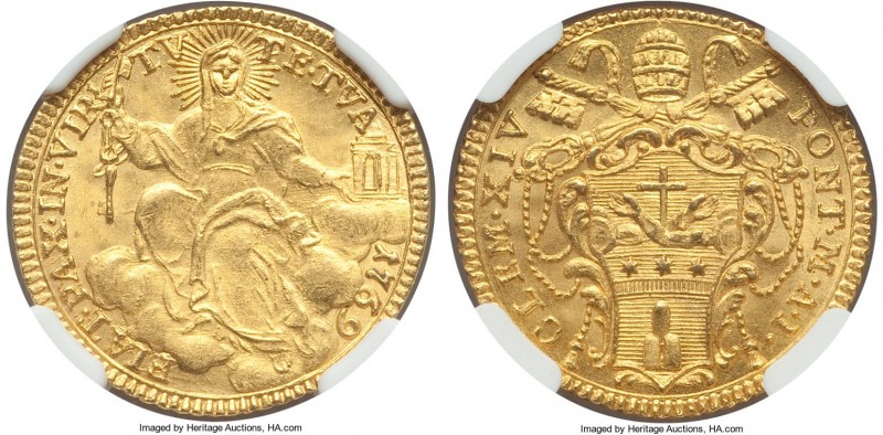 Papal States. Clement XIV gold Zecchino Anno I (1769) MS65 NGC, Rome mint, KM101...