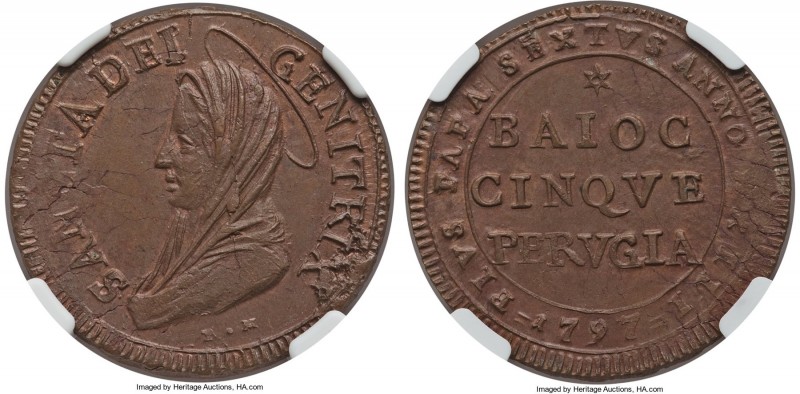 Papal States. Pius VI 5 Baiocchi Anno XXIII (1797) MS64 Brown NGC, Perugia mint,...