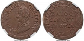 Papal States. Pius VI 5 Baiocchi Anno XXIII (1797) MS64 Brown NGC, Perugia mint, KM8, B-3130. Exhibiting glossy and clay red surfaces with hints of fi...