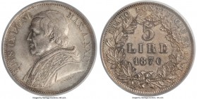 Papal States. Pius IX 5 Lire Anno XXIV (1870)-R MS64 PCGS, Rome mint, KM1385. A very high level of preservation for an often well-circulated type, onl...