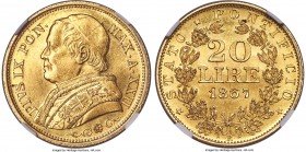 Papal States. Pius IX gold 20 Lire Anno XII (1867)-R MS64 NGC, Rome mint, KM1382.3. AGW 0.1867 oz.

HID09801242017