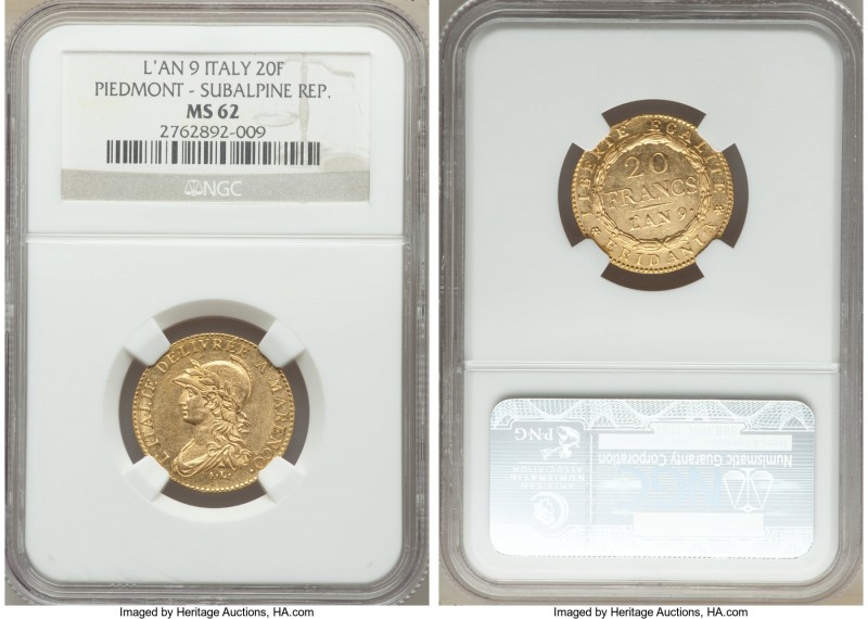 Piedmont. Subalpine Republic gold 20 Francs L'An 9 (1800/1801) MS62 NGC, Turin m...