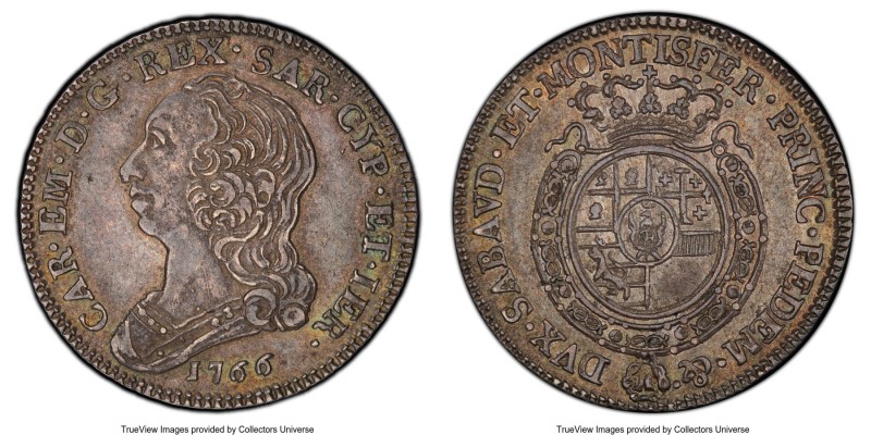 Sardinia. Carlo Emanuele III 1/4 Scudo 1766 AU55 PCGS, KM-Unl., Montenegro-202.
...