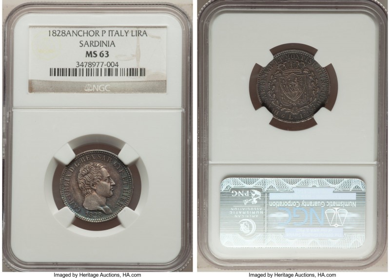 Sardinia. Carlo Felice Lira 1828 (Anchor)-P MS63 NGC, Genoa mint, KM121.2. Virtu...