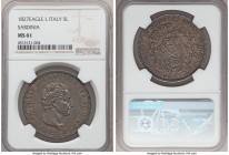 Sardinia. Carlo Felice 5 Lire 1827 (Eagle)-L MS61 NGC, Turin mint, KM116.1. Graphite toned with turquoise, gold and rose accents, bold strike, minimal...