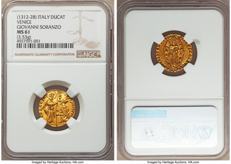 Venice. Giovanni Soranzo gold Ducat ND (1312-1328) MS61 NGC, Fr-1218. 3.53gm. IO...