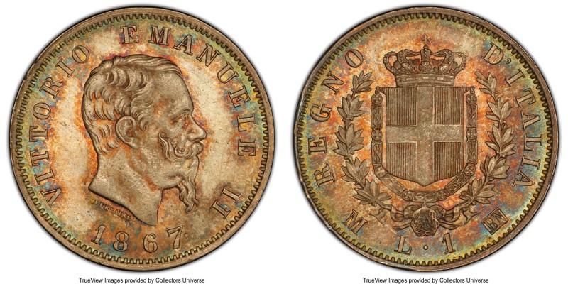 Vittorio Emanuele II Lira 1867 M-BN MS65 PCGS, Milan mint, KM5a.1. Luminous and ...