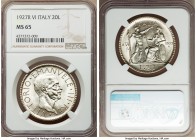 Vittorio Emanuele III 20 Lire Anno VI (1927)-R MS65 NGC, Rome mint, KM69. Blast-white and remarkably well-preserved, the fields almost blemish-free an...