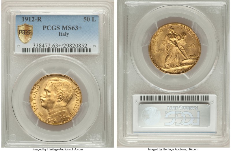 Vittorio Emanuele III gold 50 Lire 1912-R MS63+ PCGS, Rome mint, KM49, Fr-27.

H...