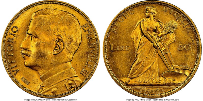 Vittorio Emanuele III gold 50 Lire 1912-R MS63 NGC, Rome mint, KM49, Fr-27. 

HI...