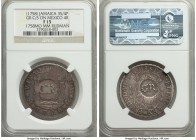 British Colony Counterstamped 3 Shilling 4 Pence ND (1758) F15 NGC, KM7, Prid-5. Displaying round GR counterstamp on a Ferdinand VI 4 Reales 1758 Mo-M...