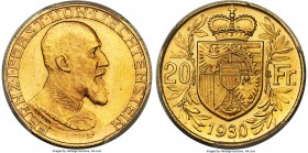 Franz I gold 20 Franken 1930 MS66 PCGS, KM-Y12. The planchet colored a copper gold, abundant cartwheel luster adding an almost prooflike appearance. 
...
