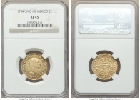 Philip V gold 2 Escudos 1734/3 Mo-MF XF45 NGC, Mexico City mint, KM124, cf. Cal-358 (overdate unlisted). Comparatively high grade for the type, showin...