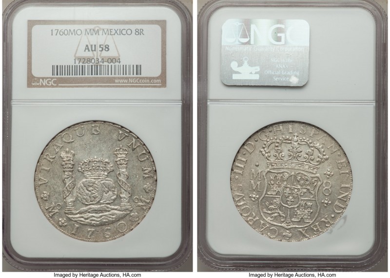 Charles III 8 Reales 1760 Mo-MM AU58 NGC, Mexico City mint, KM105. Exhibiting fu...