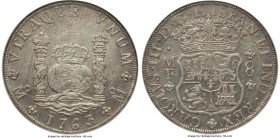 Charles III 8 Reales 1763/2 Mo-MF AU58 NGC, Mexico City mint, KM105. A gorgeous piece for the grade, the surfaces icy white and mildly glassy with ful...