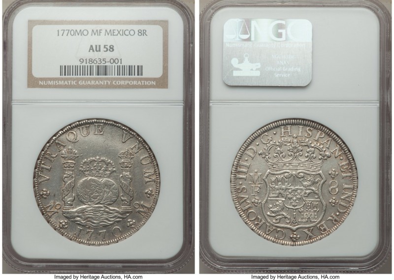 Charles III 8 Reales 1770 Mo-MF AU58 NGC, Mexico City mint, KM105. Very sharp in...