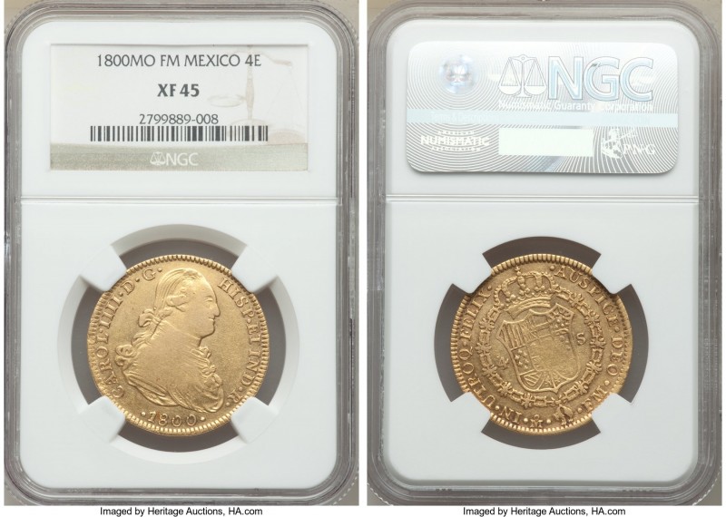 Charles IV gold 4 Escudos 1800 Mo-FM XF45 NGC, Mexico City mint, KM144. Maintain...