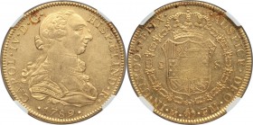 Charles IV gold 8 Escudos 1789 Mo-FM AU58 NGC, Mexico City mint, KM157, Onza-1015. Type struck with older bust of Charles III. Slightly satiny, with o...