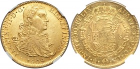 Ferdinand VII gold 8 Escudos 1809 Mo-HJ AU58 NGC, Mexico City mint, KM160. Slightly flat to the central designs, otherwise clearly bordering Mint Stat...