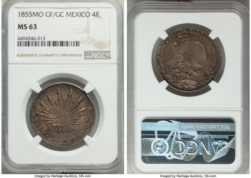 Republic 4 Reales 1855 Mo-GF/GC MS63 NGC, Mexico City mint, KM375.6. Deep stormy...