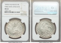 Republic 8 Reales 1830 Go-MJ MS63 NGC, Guanajuato mint, KM377.8, DP-Go11. Variety with three dots after date. Only the second example of this subvarie...