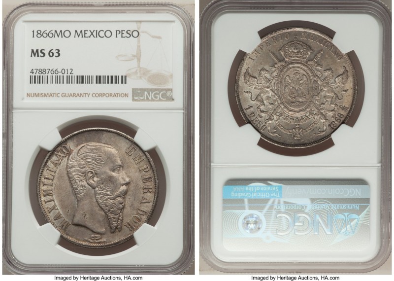 Maximilian Peso 1866-Mo MS63 NGC, Mexico City mint, KM388.1. Possessing a charmi...