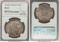 Maximilian Peso 1866-Mo MS63 NGC, Mexico City mint, KM388.1. Possessing a charming antique tone and comparatively few of the usual marks that so often...