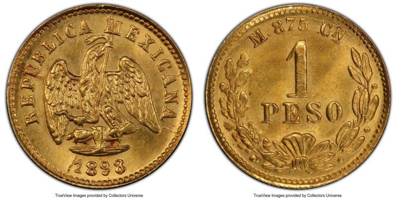 Republic gold Peso 1898 Cn/Mo-M MS65 PCGS, Culiacan mint, KM410.2. Over-mintmark...