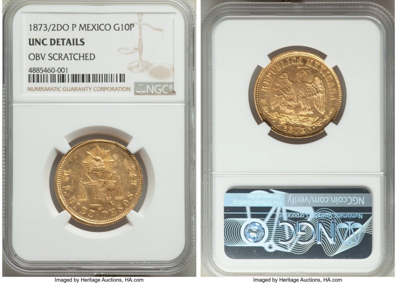 Republic gold 10 Pesos 1873/2 Do-P UNC Details (Obverse Scratched) NGC, Durango ...