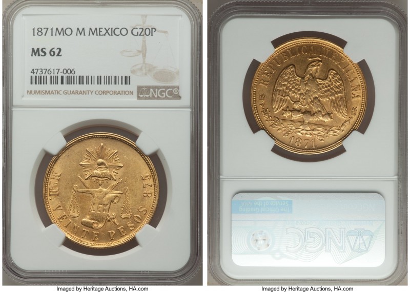 Republic gold 20 Pesos 1871 Mo-M MS62 NGC, Mexico City mint, KM414.6. AGW 0.9519...