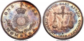 British Colony. Victoria Specimen Rupee 1888-H SP65 PCGS, Heaton mint, KM5. Overall slate gray appearance with iridescent tones focused on the periphe...