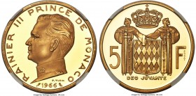 Rainier III gold Proof Essai 5 Francs 1966-(a) PR69 Ultra Cameo NGC, Paris mint, KM-E55. Mintage: 500. An exquisite Proof of deep rose-gold color, an ...
