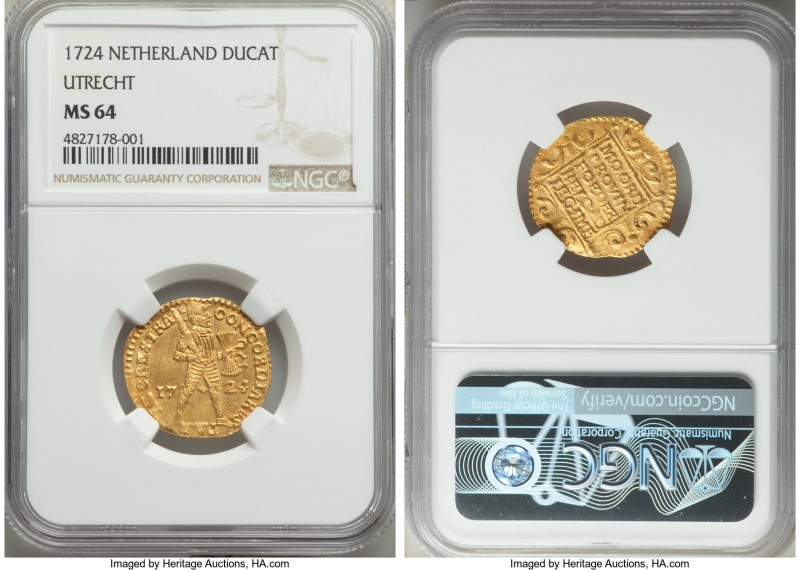 Utrecht. Provincial gold Ducat 1724 MS64 NGC, KM7.4. Solidly struck, with a mino...