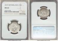Willem I 1/2 Gulden 1819 MS63 NGC, KM54, Schulman-280 (R). The lowest mintage date of this short-lived and conditionally rare series, frosty from ever...