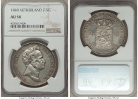 Willem I 2-1/2 Gulden 1840 AU50 NGC, KM67. A popular world type crown with light blue tones in the margins, and a small edge ding around 11 o'clock.

...