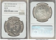 Willem I 3 Gulden 1821 AU55 NGC, KM49. Name below bust variety. An attractive and only lightly circulated specimen retaining brilliance within the pro...