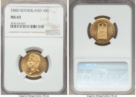 Willem I gold 10 Gulden 1840 MS65 NGC, KM56. A magnificent specimen rarely seen finer, struck from heavily polished dies with prominent device frostin...