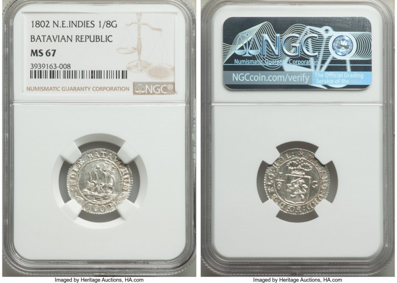 Dutch Colony. Batavian Republic 1/8 Gulden 1802 MS67 NGC, KM79. Variety with shi...