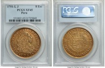 Ferdinand VI gold 8 Escudos 1751 LM-J XF45 PCGS, Lima mint, KM50, Fr-16. First year of three year type. Exhibiting even overall wear with no detractin...