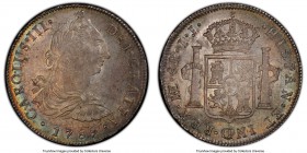 Charles III 8 Reales 1789 LM-IJ MS63 PCGS, Lima mint, KM78a. Last year of type. Gray centers with seafoam green, gold and red peripheries, flares of l...