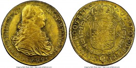 Charles IV gold 8 Escudos 1799 LM-IJ AU55 NGC, Lima mint, KM101. Outstanding reflective luster overall, crease noted across bust. 

HID09801242017