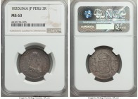 Ferdinand VII 2 Reales 1820 LM-JP MS63 NGC, Lima mint, KM115.1. Truly choice quality for this minor, fully engraved throughout and subtly patinated. 
...