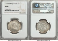 Ferdinand VII 2 Reales 1820 LM-JP MS63 NGC, Lima mint, KM115.1. Icy white with a light golden color encroaching from the edges. 

HID09801242017