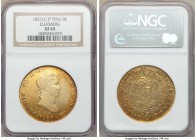 Ferdinand VII gold 8 Escudos 1821 LM-JP XF45 NGC, Lima mint, KM129.1. Weakly struck obverse, luminescent red-orange toning with highly lustrous fields...