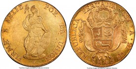 Republic gold 8 Escudos 1845 C-A AU58 PCGS, Cuzco mint, KM148.3. Preserved with only minute highpoint rub to the central features and shimmering sun-g...
